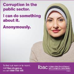 Digital banner of a younger woman with the words 'corruption in the public sector. I can do something about it. Anonymously'