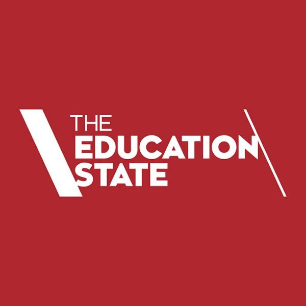 A red background with a split V, with the centred text 'the education state' held within