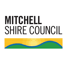 The mitchell shire council logo, showcasing green hills backed by a yellow sunset