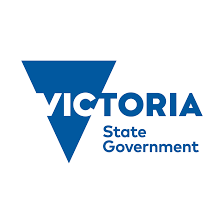 The Victoria state government logo, with the VIC being placed within a blue triangle and the rest of the organisations name in blue outside of the triangle