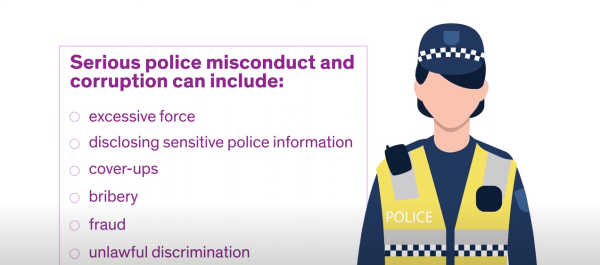 A snippet taken from a youtube video by IBAC that explains that serious police misconduct and corruption can include: excessive force, disclosing sensitive police information, cover-ups, bribers, fraud and unlawful discrimination.